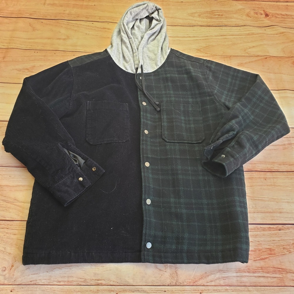 PacSun Men Large Black Green Corduroy Plaid Hooded Shirt Jacket Shacket Skate